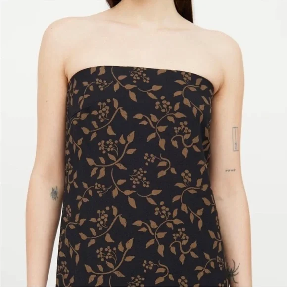 Reformation Black and Tan Larkin floral leaf patterned strapless maxi dress - Picture 3 of 8